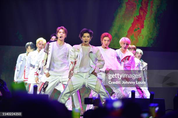 Pop boy group NCT 127 perform during the World Tour Neo City The Origin at Watsco Center on April 27, 2019 in Coral Gables, Florida.