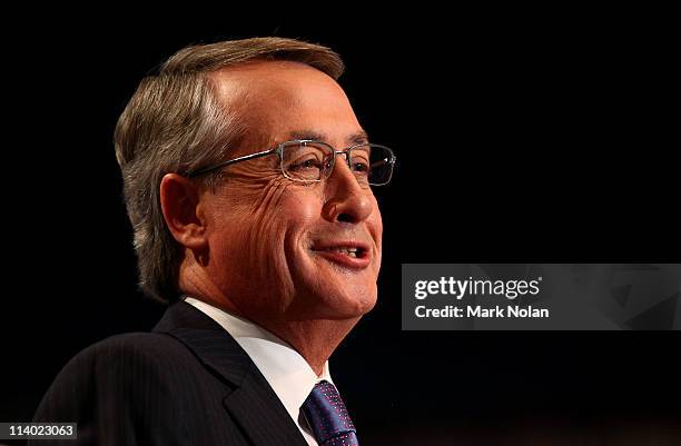 Treasurer Wayne Swan delivers his fourth annual post-budget address to the media at Parliament House on May 11, 2011 in Canberra, Australia. Swan...