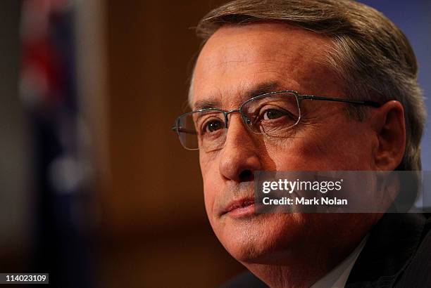 Treasurer Wayne Swan delivers his fourth annual post-budget address to the media at Parliament House on May 11, 2011 in Canberra, Australia. Swan...