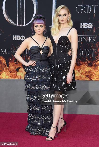 Maisie Williams and Sophie Turner attend the "Game Of Thrones" Season 8 Premiere on April 03, 2019 in New York City.