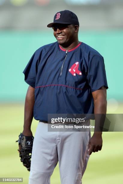 Boston Red Sox designated hitter David Ortiz on the field during batting practice before a game against the Anaheim Angels played on June 1, 2004 at...