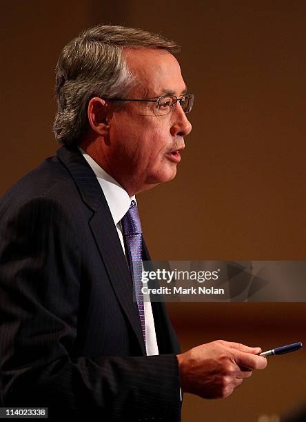 Treasurer Wayne Swan delivers his fourth annual post-budget address to the media at Parliament House on May 11, 2011 in Canberra, Australia. Swan...