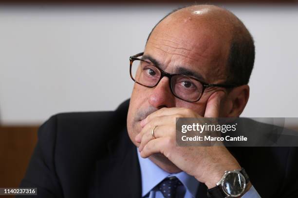 The secretary of the Democratic Party, Nicola Zingaretti, during the press conference in Casal di Principe, for the European elections.