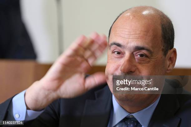 The secretary of the Democratic Party, Nicola Zingaretti, during the press conference in Casal di Principe, for the European elections.