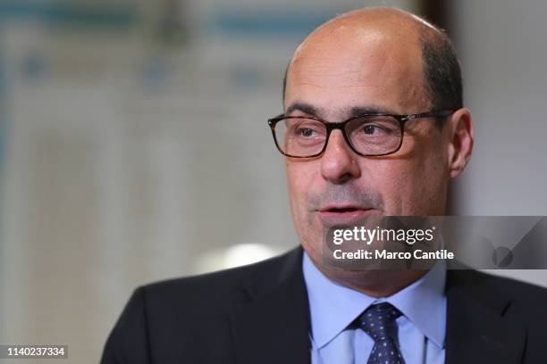 The secretary of the Democratic Party, Nicola Zingaretti, during the press conference in Casal di Principe, for the European elections.