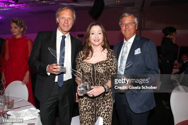 Gerhard Delling, Vicky Leandros, Wolfgang Bosbach with award during the 7th Fashion Charity Dinner and the Best of Awards at Hotel Leonardo Royal on...