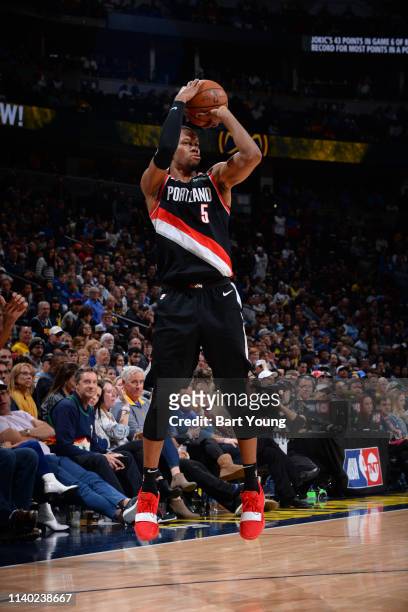 Rodney Hood of the Portland Trail Blazers shoots the ball against the Denver Nuggets during Game One of the Western Conference Semifinals of the 2019...