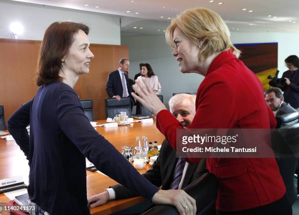 Justice Minister, Katarina Barley , Interior Minister, Horst Seehofer and Food and Agriculture Minister: Julia Kloeckner , arrive for the weekly...