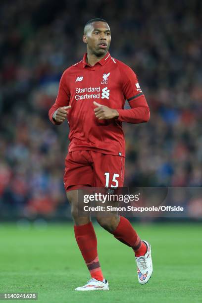 Daniel Sturridge of Liverpool looks on during the Premier League match between Liverpool and Huddersfield Town at Anfield on April 26, 2019 in...