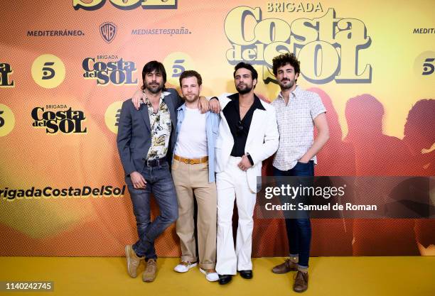 Hugo Silva, Alvaro Cervantes, Jesus Castro and Miki Esparbé attend "Brigada Costa Del Sol" premiere at Sala Pirandello on April 03, 2019 in Madrid,...