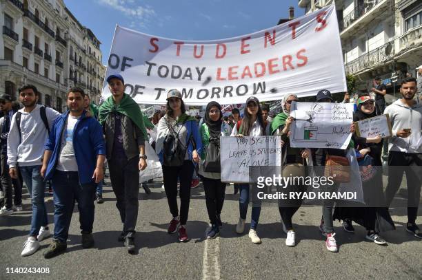 Algerian students take to the streets on April 30, 2019 as they continue their weekly protests in the capital Algiers to demand the overthrow of the...