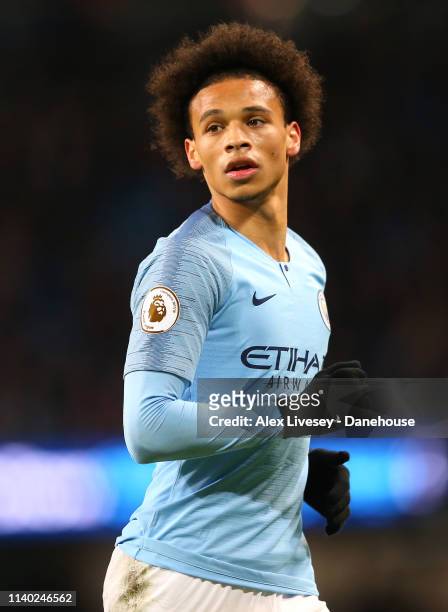 Leroy Sane of Manchester City looks on during the Premier League match between Manchester City and Cardiff City at Etihad Stadium on April 03, 2019...