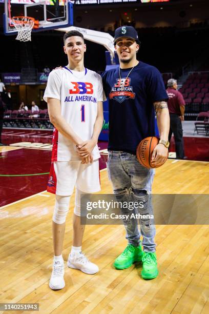 LaMelo Ball and LiAngelo Ball pose after the Big Baller Brand All American Game at the Orleans Arena on March 31, 2019 in Las Vegas, Nevada.