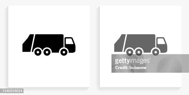 garbage truck black and white square icon - rubbish lorry stock illustrations