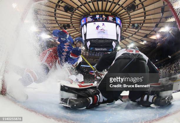 Pavel Buchnevich of the New York Rangers is stopped by Anders Nilsson of the Ottawa Senators during the second period at Madison Square Garden on...