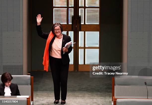 Independant Cathy McGowan leaves the House after making her valedictory speach in the House of Representatives at Parliament House on April 04, 2019...