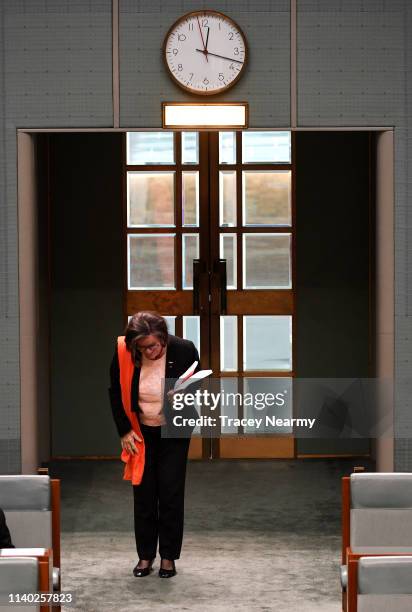Independant Cathy McGowan leaves the House after making her valedictory speach in the House of Representatives at Parliament House on April 04, 2019...
