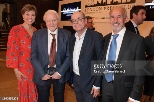 Kate Silverton, Sir David Attenborough, Nick Robinson and Doug Wills attend the London Press Club Awards 2019 at Stationers' Hall on April 30, 2019...