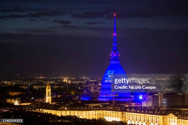 The ATP finals logo illuminates the Mole Antonelliana, major landmark building in Turin, as the city of Turin has been selected to host the ATP...