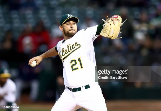 Marco Estrada of the Oakland Athletics pitches against the Boston Red Sox in the first inning at Oakland-Alameda County Coliseum on April 03, 2019 in...