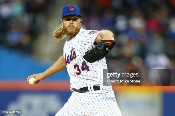 Noah Syndergaard of the New York Mets in action against the Milwaukee Brewersat Citi Field on April 27, 2019 in New York City. Milwaukee Brewers...