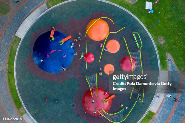 aerial view of a kids park in palermo, buenos aires, argentina - aerial view of childs playground stock pictures, royalty-free photos & images