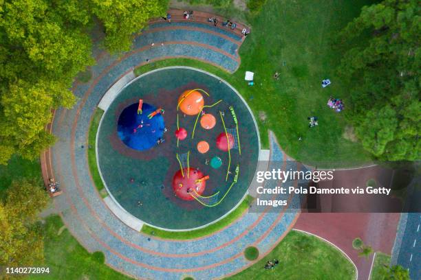 aerial view of a kids park in palermo, buenos aires, argentina - aerial park stockfoto's en -beelden