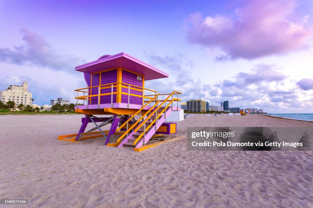 South Beach Lifeguard tower and beach, Miami, Florida at sunrise