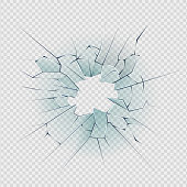 Broken glass. Cracked window texture realistic destruction hole in transparent damaged glass. Realistic shattered glass template