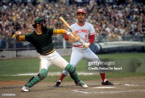 Catcher Gene Tenace of the Oakland Athletics in action against the Cincinnati Reds during the World Series in October 1972 at the Oakland-Alameda...