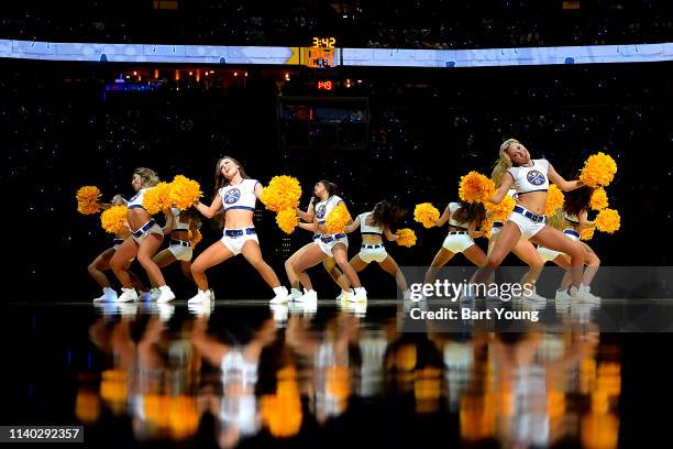 The Denver Nuggets Dancers perform during Game One of the Western Conference Semifinals of the 2019 NBA Playoffs between the Portland Trail Blazers...