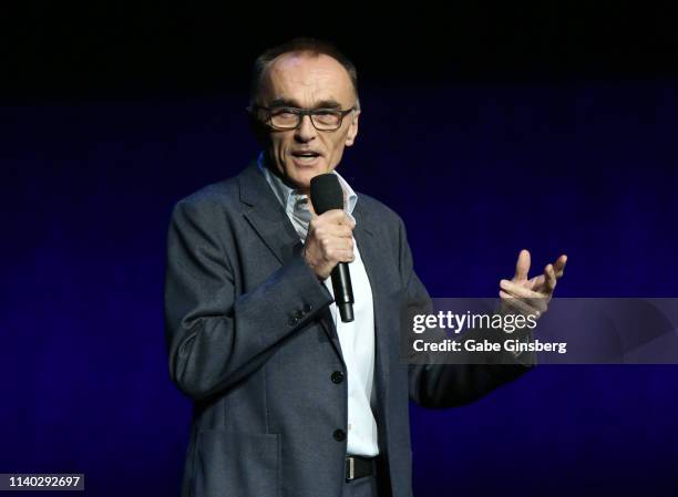 Director Danny Boyle speaks during Universal Pictures special presentation during CinemaCon at The Colosseum at Caesars Palace on April 03, 2019 in...