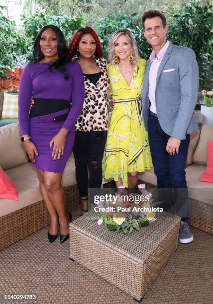 Towanda Braxton, Traci Braxton, Debbie Matenopoulos and Cameron Mathison on the set of Hallmark's "Home & Family" at Universal Studios Hollywood on...