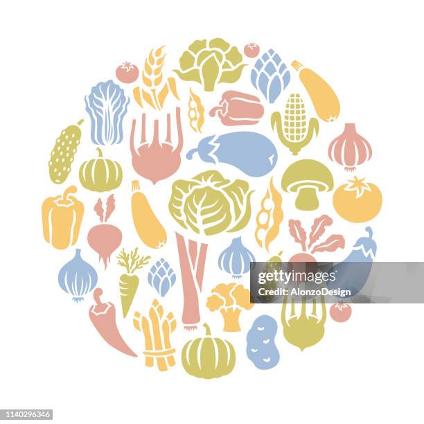 ilustraciones, imágenes clip art, dibujos animados e iconos de stock de composición redonda de verduras - nabo tubérculo