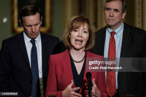 Senator Tina Smith speaks to the media following their weekly policy luncheon on April 30, 2019 in Washington, DC. Congress is back in session this...