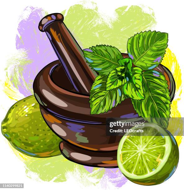 lemon, mint and mortar drawing - mint leaf texture stock illustrations