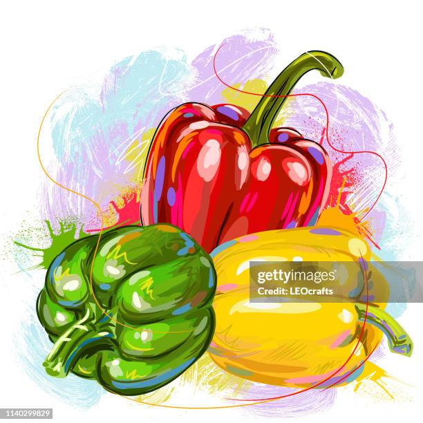 fresh bell peppers drawing - red bell pepper stock illustrations
