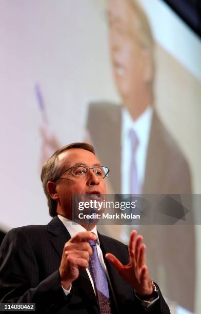 Treasurer Wayne Swan delivers his fourth annual post-budget address to the media at Parliament House on May 11, 2011 in Canberra, Australia. Swan...