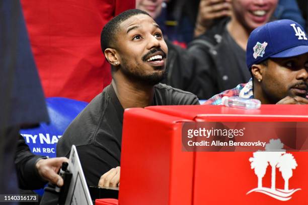 Michael B. Jordan attends a basketball game between the Los Angeles Clippers and the Houston Rockets at Staples Center on April 03, 2019 in Los...