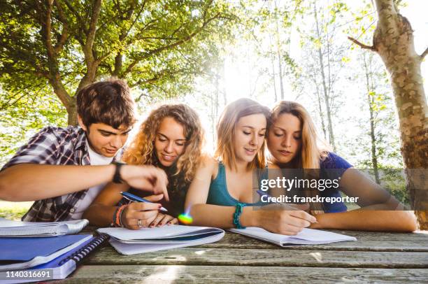 friends doing homework together at home - summer school imagens e fotografias de stock