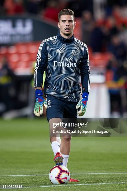Luca Zidane of Real Madrid looks on prior to the La Liga match between Valencia CF and Real Madrid CF at Estadio Mestalla on April 03, 2019 in...