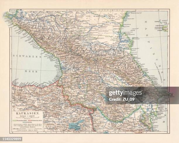 topographic map of the caucasus region, lithograph, published in 1898 - persian empire map stock illustrations