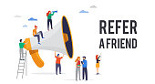 Refer a friend illustration. Big megaphone with a team work. Concept media for landing page, template, user interface UI, website