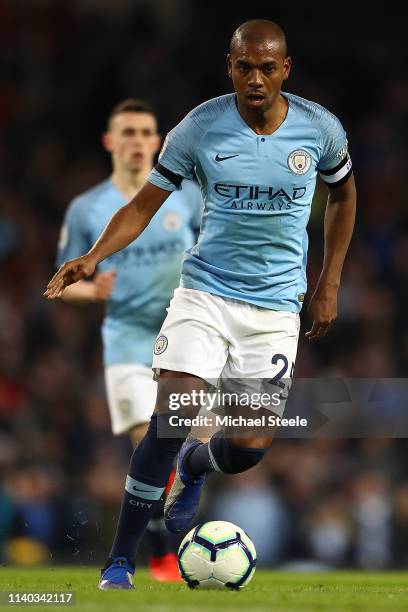 Fernandinho of Manchester City during the Premier League match between Manchester City and Cardiff City at Etihad Stadium on April 03, 2019 in...