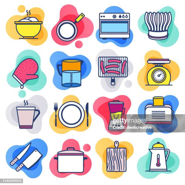 cooking traditions & practices flat line liquid style vector icon set - making lunch stock illustrations