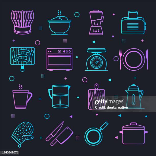 cooking ingredients & process constellation line gradient vector icons set - grill master stock illustrations