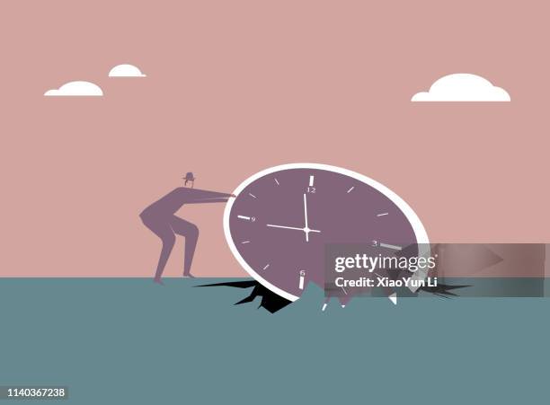 harvesting—businessman pulls out the clock from geography. - digital clock stock illustrations