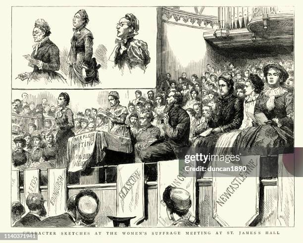 illustrations, cliparts, dessins animés et icônes de réunion de suffrage féminin au st james’s hall, 1884, 19ème siècle - droit de vote