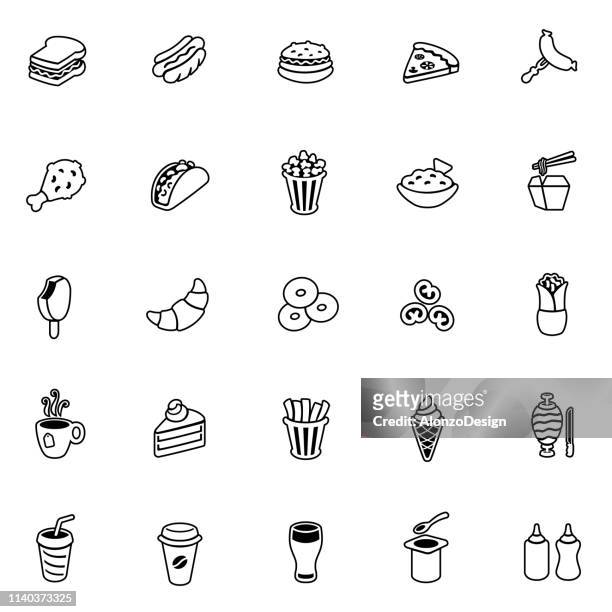 fast-food-liniensymbole - nachos stock-grafiken, -clipart, -cartoons und -symbole