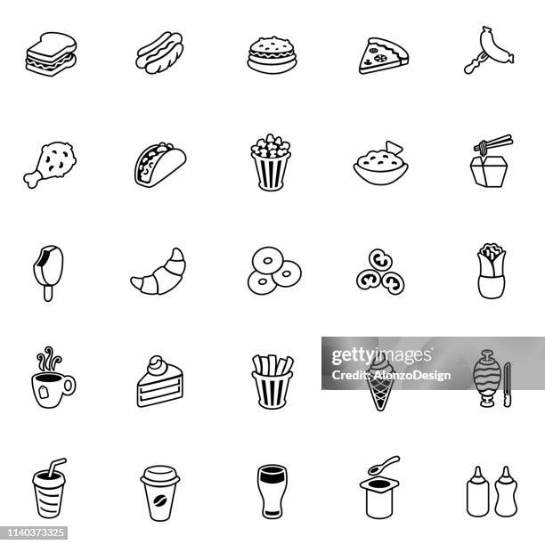 stockillustraties, clipart, cartoons en iconen met fast food lijn iconen - nachos